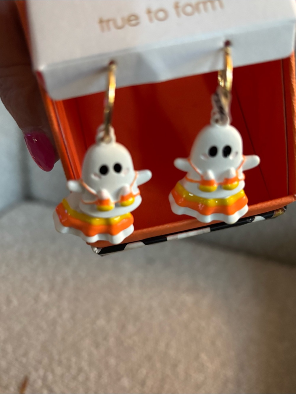 Cute White Ghost Drop Earrings with Orange & Yellow Skirt Candy Corn